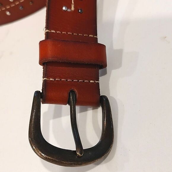 Brown Leather Tri-Metal Studded Belt Brass Buckle - Picture 2 of 7